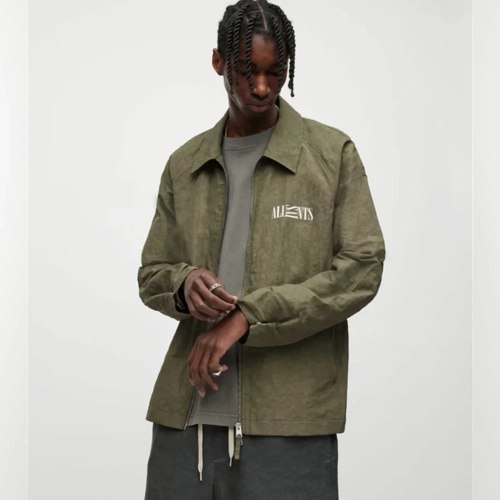 ALL SAINTS Sz S Breaker  Olive Green Linen Blend Streetwear Oversized Jacket